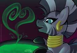 Size: 790x539 | Tagged: safe, artist:redadillio, zecora, pony, zebra, g4, cooking, female, pot, solo