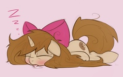 Size: 900x567 | Tagged: safe, oc, oc only, pony, bow, cookie crumb, drool, sleeping, solo, zzz