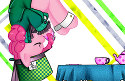 Size: 1080x700 | Tagged: safe, artist:azure-doodle, pinkie pie, earth pony, pony, g4, alice in wonderland, clothes, eyes closed, female, mad hatter, mare, solo, tea party, upside down