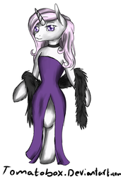 Size: 1042x1524 | Tagged: safe, artist:tomatobox96, fleur-de-lis, pony, unicorn, semi-anthro, g4, 30 minute art challenge, bipedal, clothes, dress, feather boa, female, solo