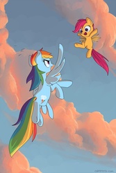 Size: 550x825 | Tagged: safe, artist:naroclie, rainbow dash, scootaloo, g4, flying, scootaloo can fly