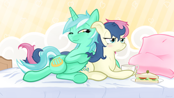 Size: 5594x3147 | Tagged: safe, artist:slackerburst, bon bon, lyra heartstrings, sweetie drops, earth pony, pony, unicorn, g4, absurd resolution, bed, bed hair, bed mane, belly button, blushing, cup, duo, female, food, lesbian, mare, messy mane, one eye closed, sandwich, ship:lyrabon, shipping