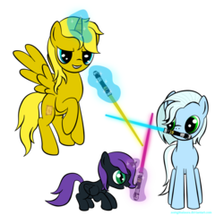 Size: 1024x1024 | Tagged: safe, artist:zomgitsalaura, oc, oc only, oc:nyx, oc:ticket, oc:tracy cage, alicorn, earth pony, pony, unicorn, alicorn oc, blank flank, energy weapon, female, filly, foal, glowing horn, hooves, horn, levitation, lightsaber, magic, mare, mouth hold, open mouth, simple background, star wars, telekinesis, transparent background, weapon, wings