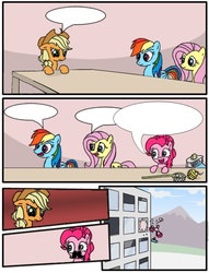 Size: 680x891 | Tagged: safe, artist:mrfancy, applejack, fluttershy, pinkie pie, rainbow dash, g4, comic, defenestration, employer meme, exploitable meme, hejibits, meme, moustache, ponified