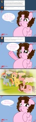 Size: 1236x4151 | Tagged: safe, artist:shinta-girl, fluttershy, rainbow dash, oc, oc:shinta pony, pegasus, pony, g4, alternate hairstyle, ask, big belly, chubby cheeks, comic, fat, female, flashback, headband, jogging, mare, spanish, stuffed, translated in the description, tumblr