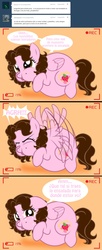 Size: 1236x3041 | Tagged: safe, artist:shinta-girl, oc, oc only, oc:shinta pony, pegasus, pony, ask, big belly, chubby, chubby cheeks, comic, fat, female, mare, out of shape, spanish, stuffed, sweat, translated in the description, tumblr