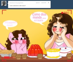 Size: 1236x1051 | Tagged: safe, artist:shinta-girl, oc, oc only, oc:shinta pony, ask, blushing, cake, comic, dashface, jello, muffin, pie, shinta girl, spanish, this will end in weight gain, translated in the description, tumblr, wingboner