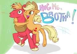 Size: 2328x1650 | Tagged: safe, artist:graystripe64, applejack, big macintosh, earth pony, pony, g4, brother and sister, drake & josh, heartwarming, hug, hug me brother!, male, stallion