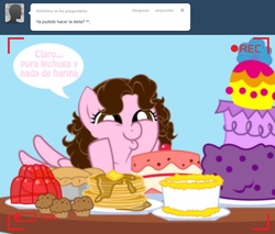 Size: 1236x1051 | Tagged: safe, artist:shinta-girl, oc, oc only, oc:shinta pony, ask, butter, cake, dashface, diet, jello, muffin, pancakes, pie, spanish, this will end in weight gain, translated in the description, tumblr
