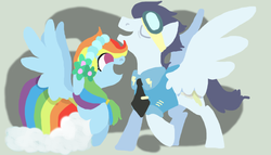 Size: 700x400 | Tagged: dead source, safe, artist:gikima, rainbow dash, soarin', pegasus, pony, a canterlot wedding, g4, bridesmaid dress, clothes, cutie mark, dress, duo, eyes closed, female, floppy ears, flower, flower in hair, goggles, hooves, lineless, male, mare, minimalist, necktie, open mouth, raised hoof, ship:soarindash, shipping, stallion, straight, wings, wonderbolts dress uniform