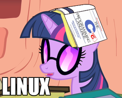 Size: 626x501 | Tagged: safe, twilight sparkle, pony, unicorn, g4, book, c (language), female, golden oaks library, inverted mouth, k&r, linux, mare, open mouth, programming, smiling, sunglasses, text