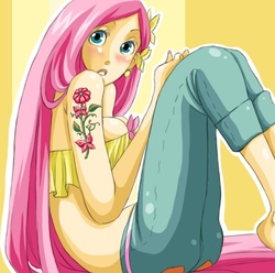 Size: 613x609 | Tagged: safe, artist:zoe-productions, fluttershy, human, g4, bandeau, barefoot, cleavage, clothes, feet, female, humanized, midriff, pants, skinny, tattoo, thin