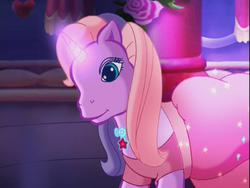 Size: 640x480 | Tagged: safe, screencap, lily lightly, a very pony place, come back lily lightly, g3, clothes, dress, glowing, glowing horn, horn, light, sparkles