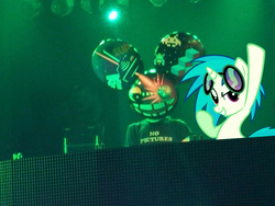 Size: 960x720 | Tagged: safe, dj pon-3, vinyl scratch, human, g4, deadmau5, first world anarchist, irl, photo, ponies in real life