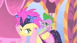 Size: 856x474 | Tagged: safe, screencap, fluttershy, spike, dragon, pegasus, pony, g4, green isn't your color, season 1, angry, carousel boutique, duo, duo male and female, female, fluttershy is not amused, male, unamused, wingless spike