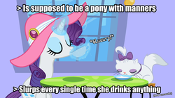 Size: 1280x720 | Tagged: safe, edit, edited screencap, screencap, opalescence, rarity, g4, sweet and elite, canterlot, caption, drinking, duo, greentext, hat, magic, meta, milk, table, text, uncouth, window