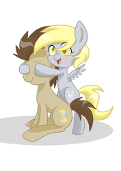 Size: 1240x1754 | Tagged: safe, artist:derpsonhooves, derpy hooves, doctor whooves, time turner, pegasus, pony, g4, covering eyes, cute, female, guess who, male, mare, peekaboo, ship:doctorderpy, shipping, straight