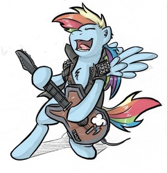 Size: 660x684 | Tagged: safe, artist:dlw, rainbow dash, pegasus, pony, g4, bipedal, clothes, ear piercing, earring, eyes closed, female, guitar, heavy metal, jacket, jewelry, leather jacket, mare, metal, musical instrument, open mouth, piercing, simple background, singing, solo, white background