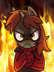Size: 1050x1387 | Tagged: safe, artist:madmax, oc, oc only, oc:double tap, pony, fallout equestria, fallout equestria: anywhere but here, fanfic, fire, glare, grumpy, solo
