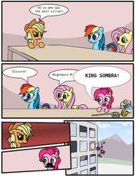 Size: 680x891 | Tagged: safe, artist:mrfancy, applejack, fluttershy, pinkie pie, rainbow dash, g4, comic, defenestration, employer meme, exploitable meme, hejibits, moustache