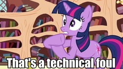 Size: 960x540 | Tagged: safe, edit, edited screencap, screencap, twilight sparkle, pony, g4, the crystal empire, adam sandler, eight crazy nights, female, golden oaks library, image macro, reference, solo, technical foul, whitey duvall