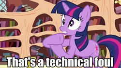 Size: 960x540 | Tagged: safe, edit, edited screencap, screencap, twilight sparkle, pony, g4, my little pony: friendship is magic, the crystal empire, adam sandler, eight crazy nights, female, golden oaks library, image macro, reference, solo, technical foul, whitey duvall