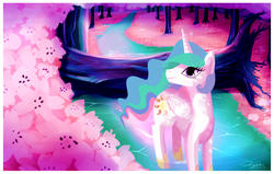 Size: 1202x766 | Tagged: dead source, safe, artist:pepooni, princess celestia, pony, g4, cherry blossoms, female, flower, forest, glowing, solo, water
