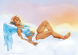 Size: 500x357 | Tagged: safe, artist:scorpiordinance, rainbow dash, human, g4, barefoot, clothes, cloud, cloudy, dark skin, feet, female, humanized, midriff, on back, shorts, sleepy, smiling, solo, spread wings, winged humanization, wink