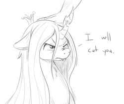 Size: 750x634 | Tagged: dead source, safe, artist:jalm, queen chrysalis, changeling, human, pony, g4, :t, cute, cutealis, dialogue, fangs, female, floppy ears, frown, glare, grayscale, hand, human on pony petting, looking up, monochrome, nose wrinkle, one eye closed, petting, scrunchy face, sketch, tsundere, wink