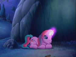 Size: 640x480 | Tagged: safe, screencap, lily lightly, pony, unicorn, come back lily lightly, g3, female, glowing, hiding, mare, night, rock, solo