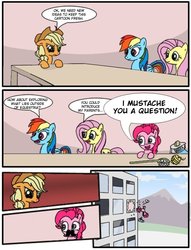 Size: 680x891 | Tagged: safe, artist:mrfancy, applejack, fluttershy, pinkie pie, rainbow dash, g4, defenestration, employer meme, exploitable meme, hejibits, moustache, pun