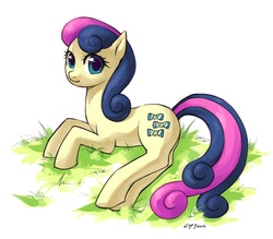Size: 1200x1050 | Tagged: safe, artist:katiramoon, bon bon, sweetie drops, earth pony, pony, g4, female, grass, looking at you, mare, solo