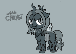 Size: 869x623 | Tagged: safe, artist:turbosolid, queen chrysalis, changeling, changeling queen, nymph, moonstuck, g4, cute, cutealis, female, grayscale, monochrome, simple background, smiling, solo, style emulation