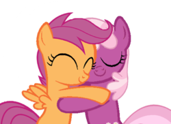 Size: 477x348 | Tagged: safe, artist:scootaloo24, cheerilee, scootaloo, earth pony, pegasus, pony, g4, duo, duo female, eyes closed, female, filly, foal, hug, mare, scootalove, simple background, smiling, spread wings, transparent background, vector, wings