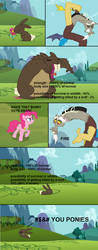 Size: 500x1281 | Tagged: safe, edit, edited screencap, screencap, discord, pinkie pie, rabbit, g4, keep calm and flutter on, comic, musclebeast, screencap comic