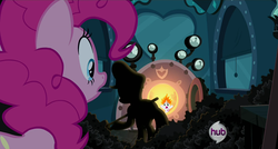 Size: 500x267 | Tagged: safe, edit, edited screencap, screencap, pinkie pie, sweetie belle, earth pony, pony, g4, mmmystery on the friendship express, coal, fire, hub logo, mane on fire, oh come on, shovel, train, train driver, when you see it