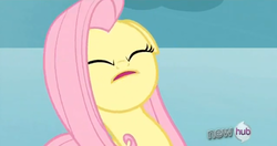 Size: 500x264 | Tagged: safe, screencap, fluttershy, g4, keep calm and flutter on, bust, hub logo, logo, portrait, solo, the hub