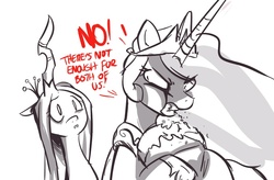 Size: 871x571 | Tagged: artist needed, source needed, safe, princess celestia, queen chrysalis, changeling, g4, bitchlestia, cake, cakelestia, cute, cutealis