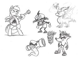 Size: 1000x752 | Tagged: safe, artist:mickeymonster, derpy hooves, pony, g4, aku aku, bipedal, boggy b, crash bandicoot, crash bandicoot (series), crossover, dr. neo cortex, guitar, monochrome, musical instrument, sketch, sketch dump, spyro the dragon, spyro the dragon (series), traditional art, worms (video game)
