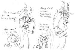 Size: 2055x1423 | Tagged: safe, artist:mickeymonster, discord, fluttershy, g4, monochrome, sketch, traditional art