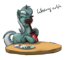 Size: 840x780 | Tagged: safe, artist:choedan-kal, lyra heartstrings, pony, unicorn, g4, can, clumsy, coke, comic, drink, drinking, eyes closed, female, hoof hold, mare, messy, salad, salt, silly, silly lyra, silly pony, simple background, soda, solo, wharrgarbl, white background