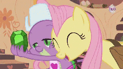 Size: 640x360 | Tagged: safe, screencap, fluttershy, spike, dragon, pegasus, g4, just for sidekicks, animated, baby, baby dragon, cute, hub logo, shyabetes, snuggling, spikabetes, spikelove