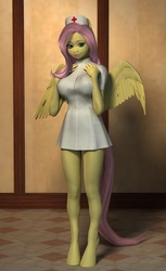 Size: 600x980 | Tagged: safe, artist:jpalo, fluttershy, anthro, unguligrade anthro, g4, 3d, breasts, busty fluttershy, female, nurse, solo