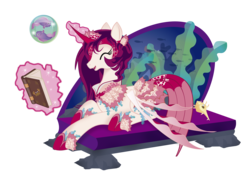 Size: 3848x2724 | Tagged: safe, artist:zahpkiel, oc, oc only, oc:princess koi, fish, kelpie, merpony, book, cute, digital art, eyes closed, female, fins, glowing, glowing horn, happy, hoof shoes, horn, jewelry, lying down, magic, mare, necklace, ocean, seashell, underwater, water