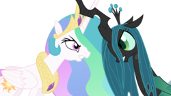 Size: 900x507 | Tagged: safe, artist:shadyhorseman, princess celestia, queen chrysalis, alicorn, changeling, pony, g4, duo, female, fight, mare, simple background, transparent background, vector