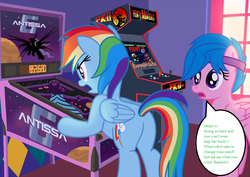 Size: 1061x752 | Tagged: safe, artist:sorcerushorserus, edit, firefly, rainbow dash, comic:dash academy, g1, g4, antissa 6, arcade, babylon 5, butt, g1 to g4, generation leap, i fancy myself clever, photoshop, pinball, plot, shadowcrab, text