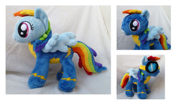 Size: 1416x834 | Tagged: safe, artist:caashley, rainbow dash, pegasus, pony, g4, goggles, irl, multiple views, photo, plushie, solo, spread wings, wings, wonderbolts uniform