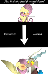 Size: 3161x4849 | Tagged: safe, artist:v-d-k, discord, fluttershy, draconequus, pegasus, pony, g4, assertive, assertive fluttershy, blushing, female, high res, kiss on the lips, kissing, male, mare, ship:discoshy, straight