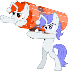 Size: 1911x2000 | Tagged: safe, alternate version, artist:evilhom3r, oc, oc only, oc:discentia, oc:karma, pony, unicorn, bipedal, cannon, cannon ponies, cutie mark, downvote, female, mare, pony cannonball, reddit, simple background, transparent background, upvote, vector