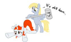 Size: 5000x2982 | Tagged: safe, artist:fabulouspony, derpy hooves, oc, oc:karma, pegasus, pony, g4, bipedal, derp, dialogue, duo, duo female, f5, female, hammer, high res, hoof hold, lying down, mare, open mouth, ponified, prone, reddit, show accurate, simple background, sledgehammer, sploot, spread wings, standing, tail, tongue out, transparent background, underhoof, wings